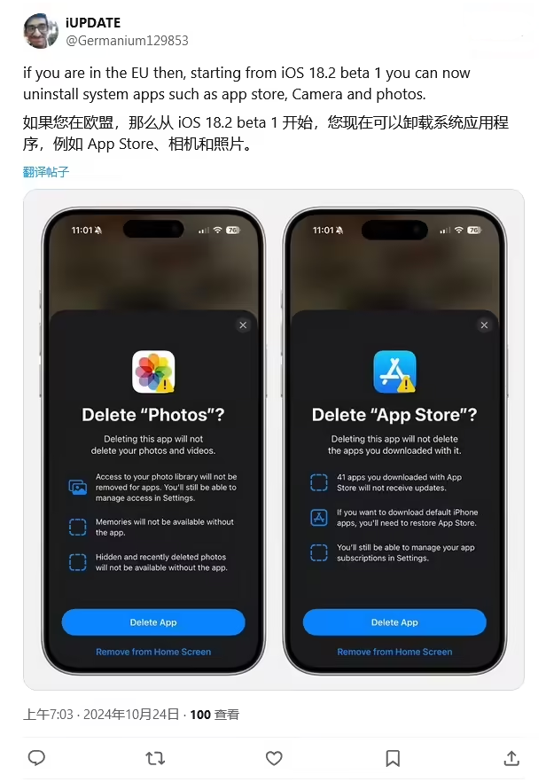 天津苹果手机维修分享iOS 18.2 支持删除 App Store 应用商店 