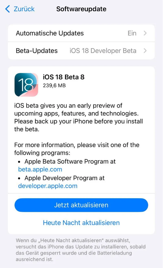 天津苹果手机维修分享苹果 iOS / iPadOS 18 开发者预览版 Beta 8 发布 